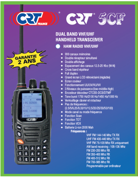 CRT 5 CF Talky Walky bibande VHF UHF top qualité professionnelle CRT 5 CF Talky Walky bibande VHF UHF top qualité professionnelle